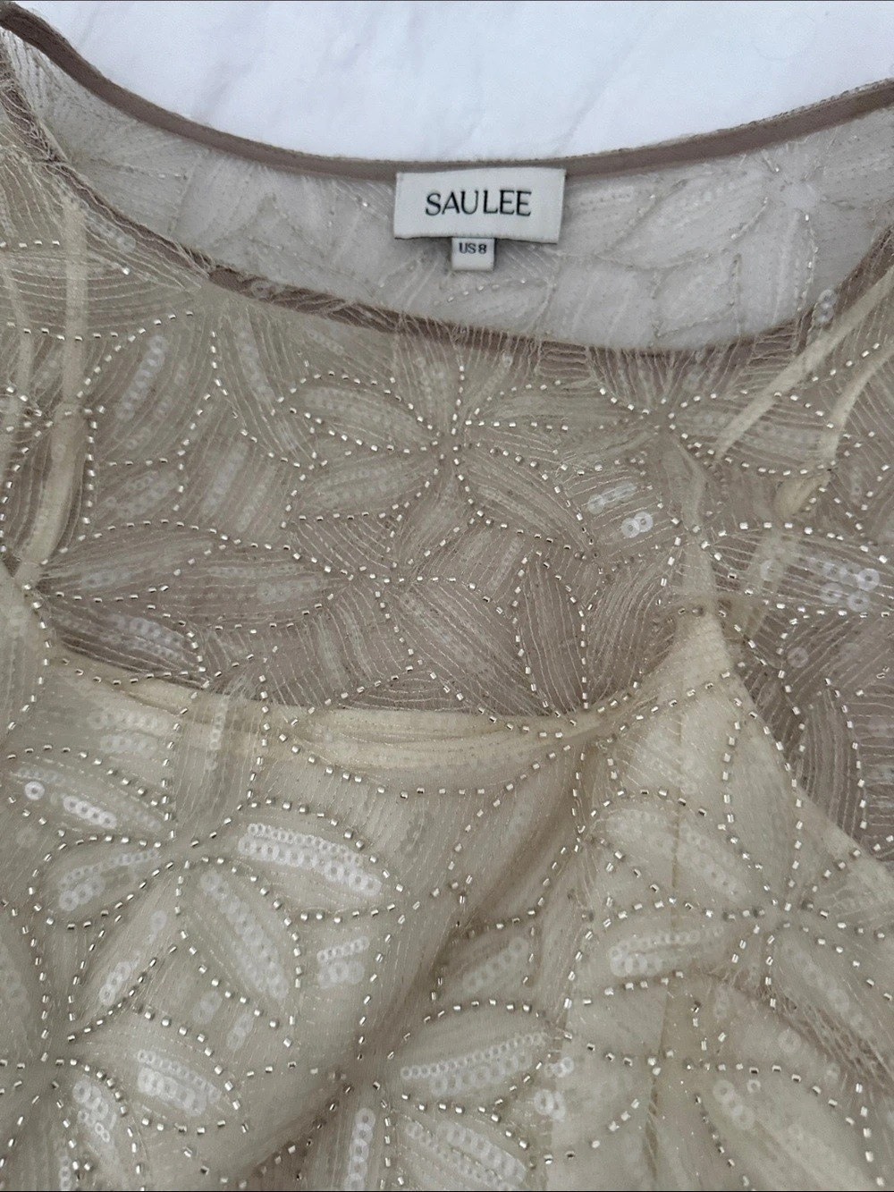 SAULEE Beaded Floral Mini Dress in Taupe & Cream Size 8 Like New - Picture 3 of 4